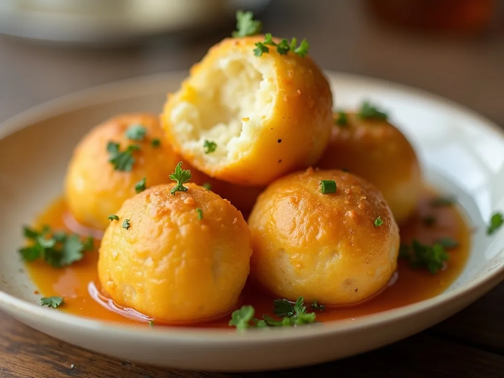 Pão de Queijo Recheado com Pernil Desfiado e Molho de Cachaça